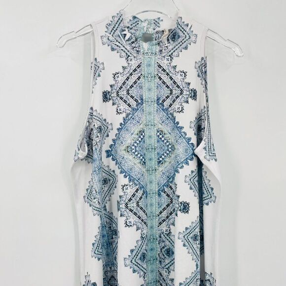 Altar'd State Size Medium Blue & White Boho Jersey Knit Mock Neck Dress - Picture 2 of 9